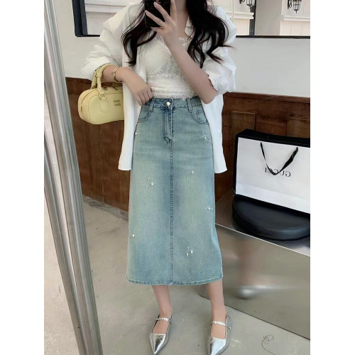 隅見丨高腰開叉燙鑽牛仔半身裙女夏新款包臀顯瘦一步裙A字中長裙