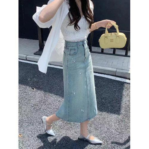 隅見丨高腰開叉燙鑽牛仔半身裙女夏新款包臀顯瘦一步裙A字中長裙