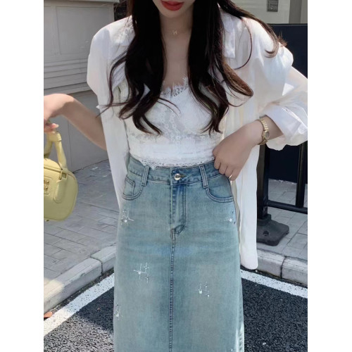 隅見丨高腰開叉燙鑽牛仔半身裙女夏新款包臀顯瘦一步裙A字中長裙