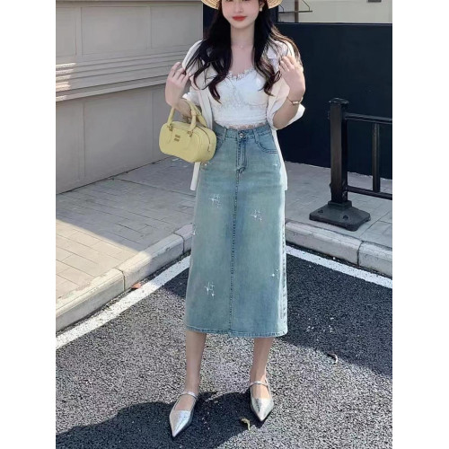 隅見丨高腰開叉燙鑽牛仔半身裙女夏新款包臀顯瘦一步裙A字中長裙