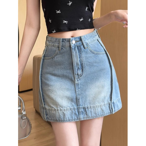 妍度高腰a字牛仔短裙女夏季薄款流行單品顯瘦辣妹防走光包臀裙子
