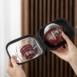 粉引手繪銀竹山楂紅旅行茶具套裝懸停蓋碗戶外露營車用可攜式套裝