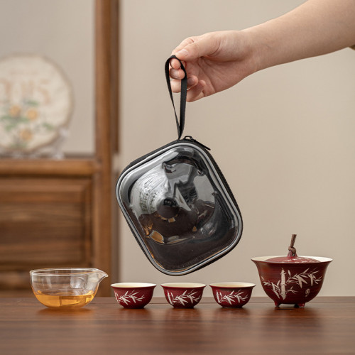 粉引手繪銀竹山楂紅旅行茶具套裝懸停蓋碗戶外露營車用可攜式套裝 粉引手繪銀竹山楂紅旅行茶具套裝懸停蓋碗戶外露營車用可攜式套裝