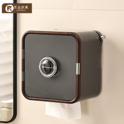 胡桃木紋吸盤紙巾盒衛生間免打孔洗臉巾防水帶蓋卷紙架子