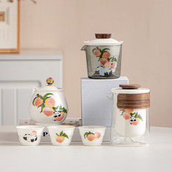 淘氣滿滿熊貓壽桃旅行茶具精緻可攜式旅行戶外泡茶壺快客杯全套