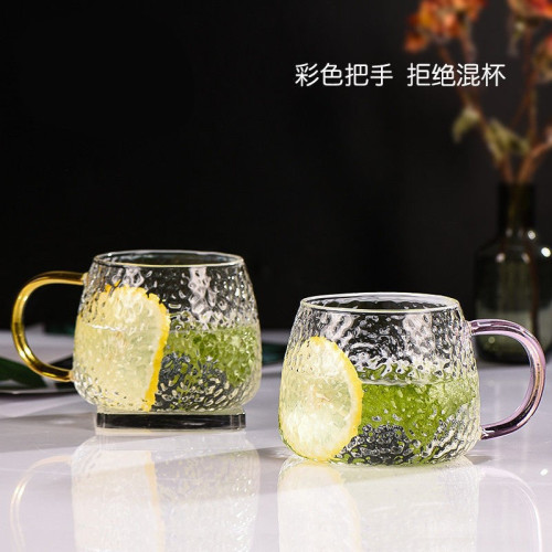 ins玻璃水杯鎚紋杯日式耐熱家用早餐牛奶杯咖啡杯菠蘿杯手作