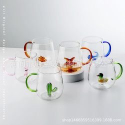 耐熱玻璃杯帶把水杯咖啡杯女夏季情侶馬克動物杯子動物創意