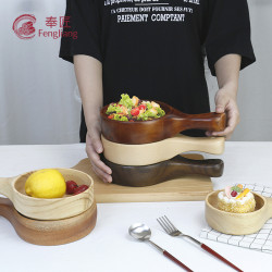 木質餐具木碗長柄日式手柄碗 手工家用帶手柄沙拉碗泡菜水果ins碗