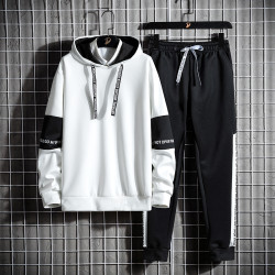 Knitted suit男秋季搖粒絨連帽衛衣兩件套韓版修身九分褲運動