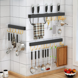 免打孔黑金不鏽鋼刀架廚房掛件可移動掛鉤壁掛廚房收納架帶毛巾桿