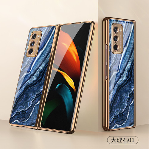 適用三星fold2手機殼折曡保護套全包電鍍彩繪玻璃殼w21手機殼GKK