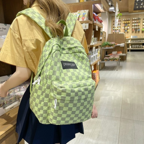 高顔值書包女ins森系百搭通勤潮流格子雙肩包大容量高中學生後背包