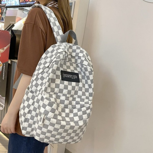 高顔值書包女ins森系百搭通勤潮流格子雙肩包大容量高中學生後背包