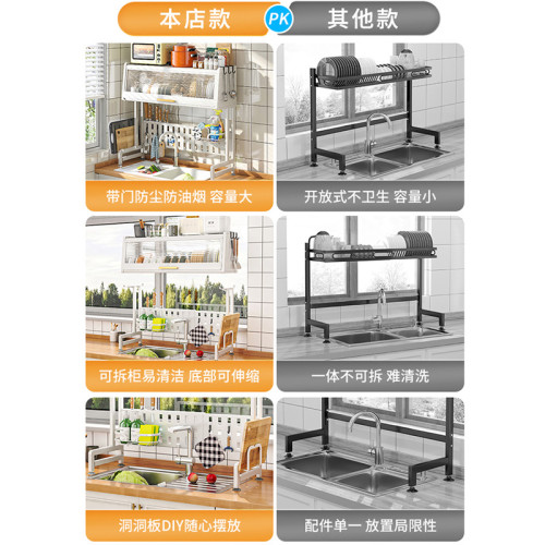 水槽置物架可伸縮廚房瀝水架帶櫃門除塵置物架家用碗碟盤收納架子