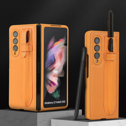 頭層皮筆槽款不帶筆適用三星Z FOLD3手機殼純色折曡商務FOLD5保護