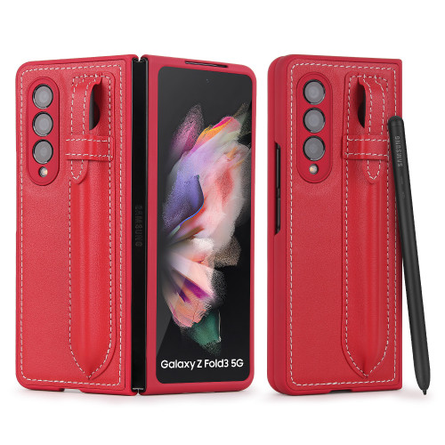 頭層皮筆槽款不帶筆適用三星Z FOLD3手機殼純色折曡商務FOLD5保護