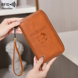 新款RFID拉鍊大容量護照包PU皮革簡約世界旅行証件機票收納包