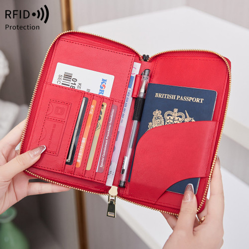 新款RFID拉鍊大容量護照包PU皮革簡約世界旅行証件機票收納包