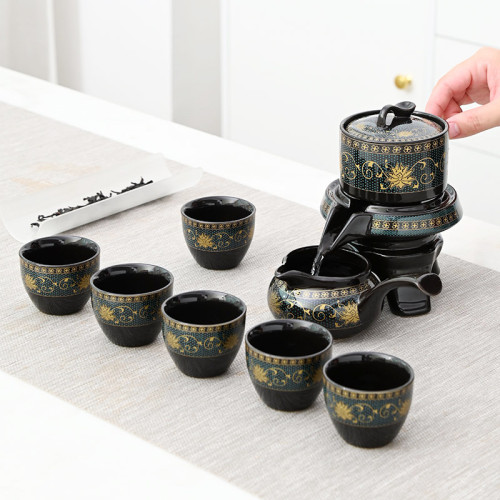 懶人泡沫茶具陶瓷黑色自動套裝時來運轉石磨暗香泡茶器越南禮盒裝