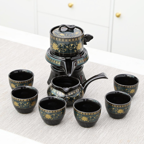 懶人泡沫茶具陶瓷黑色自動套裝時來運轉石磨暗香泡茶器越南禮盒裝