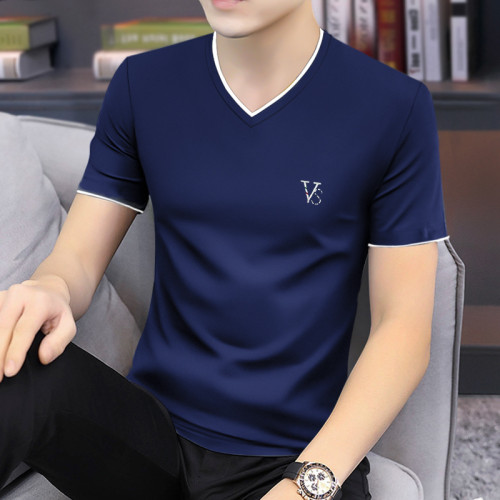 2025夏季新款原創v領短袖t恤男士上衣服修身夏裝半截袖潮流體恤