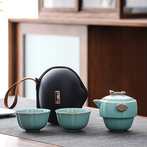 旅行茶具一壺二杯可攜式天青汝窰快客杯汝瓷可養戶外泡茶壺禮品