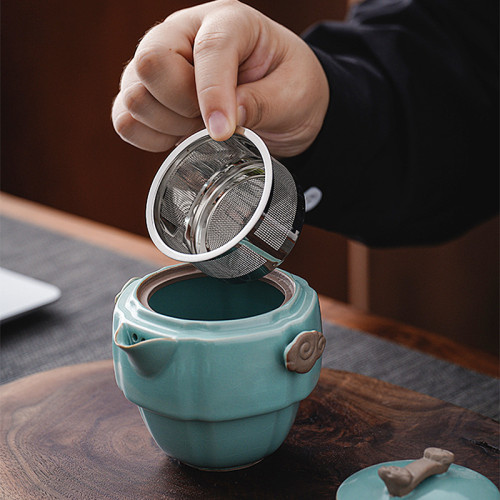 旅行茶具一壺二杯可攜式天青汝窰快客杯汝瓷可養戶外泡茶壺禮品