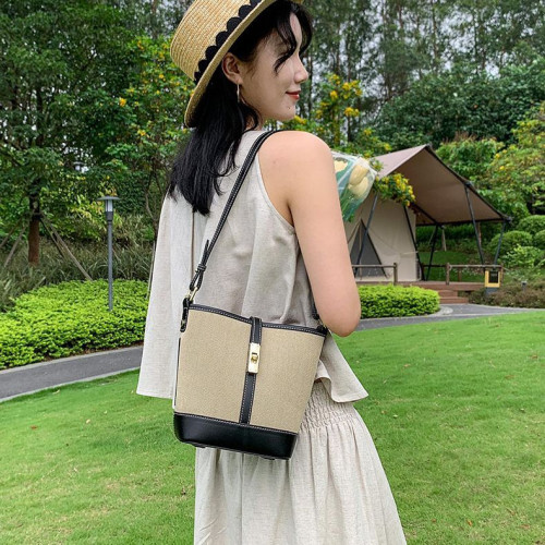 牛皮帆布拼接水桶包包女2025夏季單肩斜後背包休閒百搭腋下包韓版潮