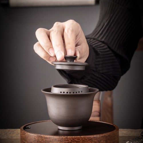紫砂功夫茶具三才蓋碗手抓壺復古泡茶家用創意主人杯防燙中式茶碗
