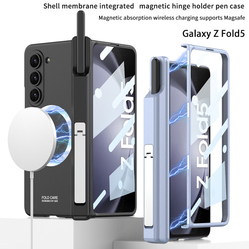 適用三星ZFold5無線充磁吸手機殼新款支架全包 殼膜一體筆筒