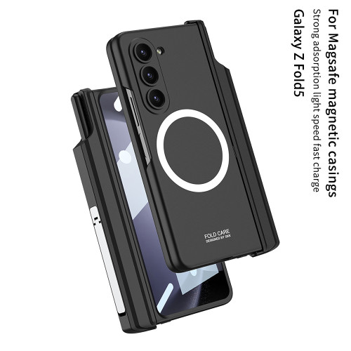 適用三星ZFold5無線充磁吸手機殼新款支架全包 殼膜一體筆筒