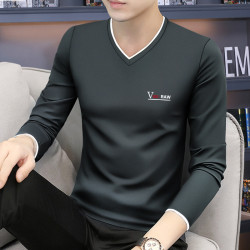 中青年莫代爾棉男士長袖t恤V領薄款秋衣修身上衣服打底衫潮流春裝