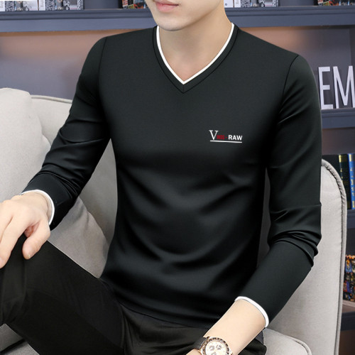 中青年莫代爾棉男士長袖t恤V領薄款秋衣修身上衣服打底衫潮流春裝