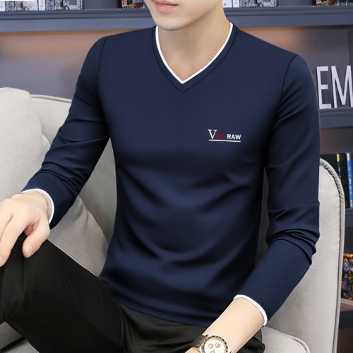 中青年莫代爾棉男士長袖t恤V領薄款秋衣修身上衣服打底衫潮流春裝