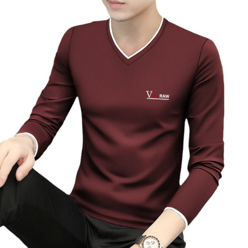 中青年莫代爾棉男士長袖t恤V領薄款秋衣修身上衣服打底衫潮流春裝