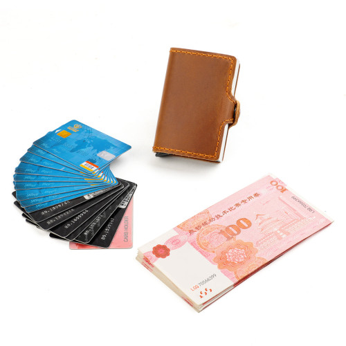 瘋馬皮鋁盒雙層卡包  防盜刷自動彈出卡包創意手工美金夾真皮卡套