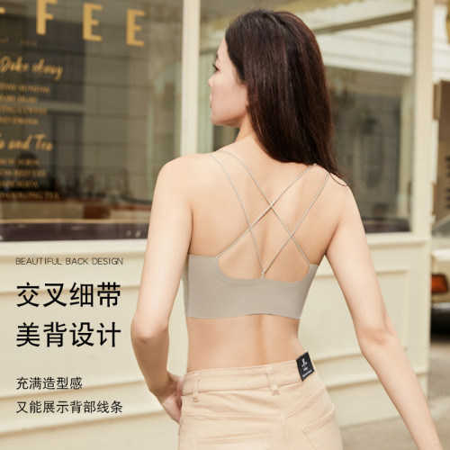 一體式無痕交叉美背吊帶內衣女固定杯氧胸Bra春夏內搭背心文胸罩