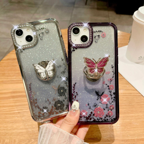 新款6D鏡頭鑲鑽漸變秘密花園蝴蝶支架適用iphone16手機殼電鍍15pm