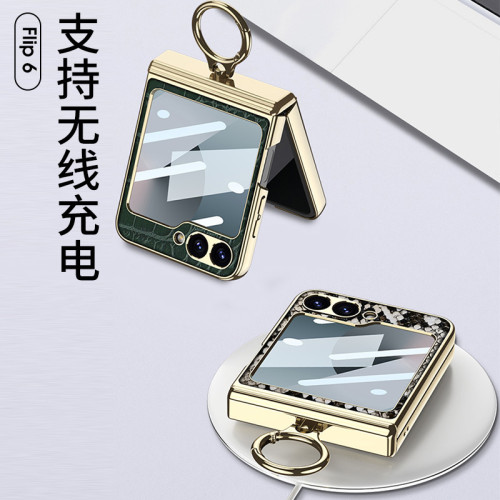 適用三星Z Flip6電鍍素皮手機殼flip6鱷魚皮紋折曡指環鉸鏈保護套