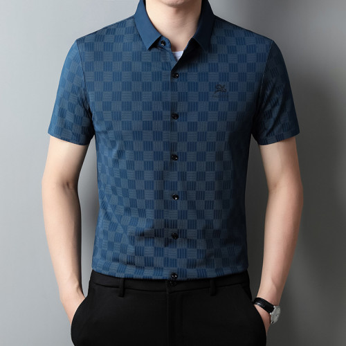 棋盤格男式短袖襯衫夏季純色中青年寬松速乾無痕刺綉男士襯衣半袖