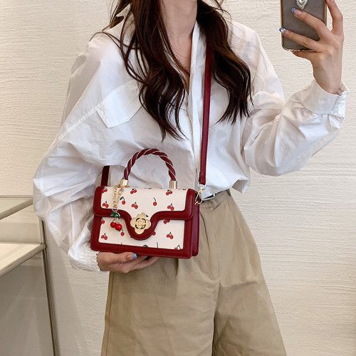 包包女包2023新款小衆撞色櫻桃印花質感時尚單肩斜背手提小方包