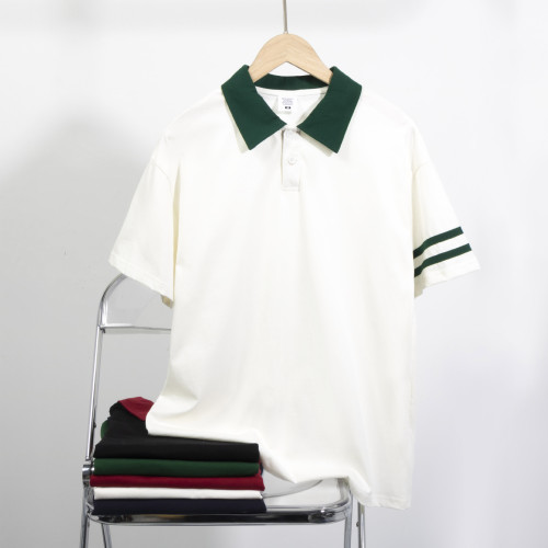 2024春夏休閒長袖純棉POLO短袖男女同款寬松上衣翻領T潮流撞色