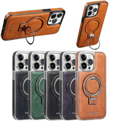 適用iPhone16ProMax磁吸手機殼蘋果15ProMax電鍍皮紋支架14保護套