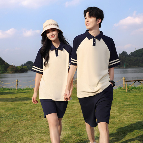 2024200G純棉雙桿插肩翻領款POLO衫休閒寬松上衣男女同款潮流款