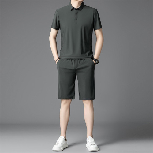 2024夏季新款男士冰絲運動套裝時尚氣質短袖短褲套裝氣質休閒男裝