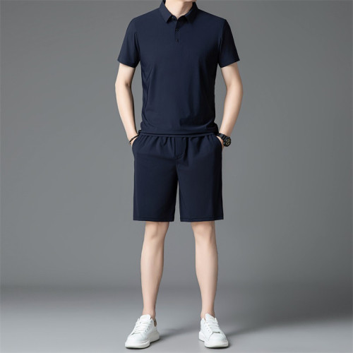 2024夏季新款男士冰絲運動套裝時尚氣質短袖短褲套裝氣質休閒男裝