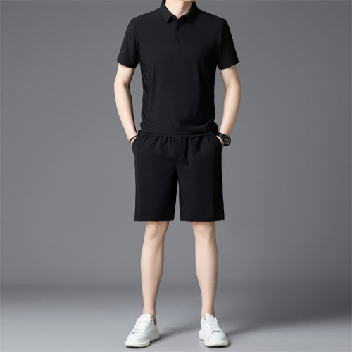 2024夏季新款男士冰絲運動套裝時尚氣質短袖短褲套裝氣質休閒男裝