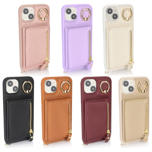 適用蘋果15promax手機殼荔枝紋指環斜背iphone14錢包式保護套插卡