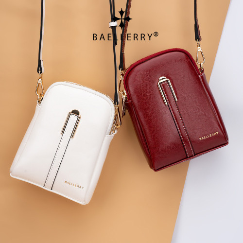 Baellerry新款手機包女油蠟大容量竪款雙拉鍊單肩斜後背包包女