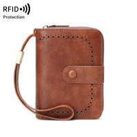歐美復古油蠟皮風琴卡包新款RFID多功能大容量兩折女士短錢包